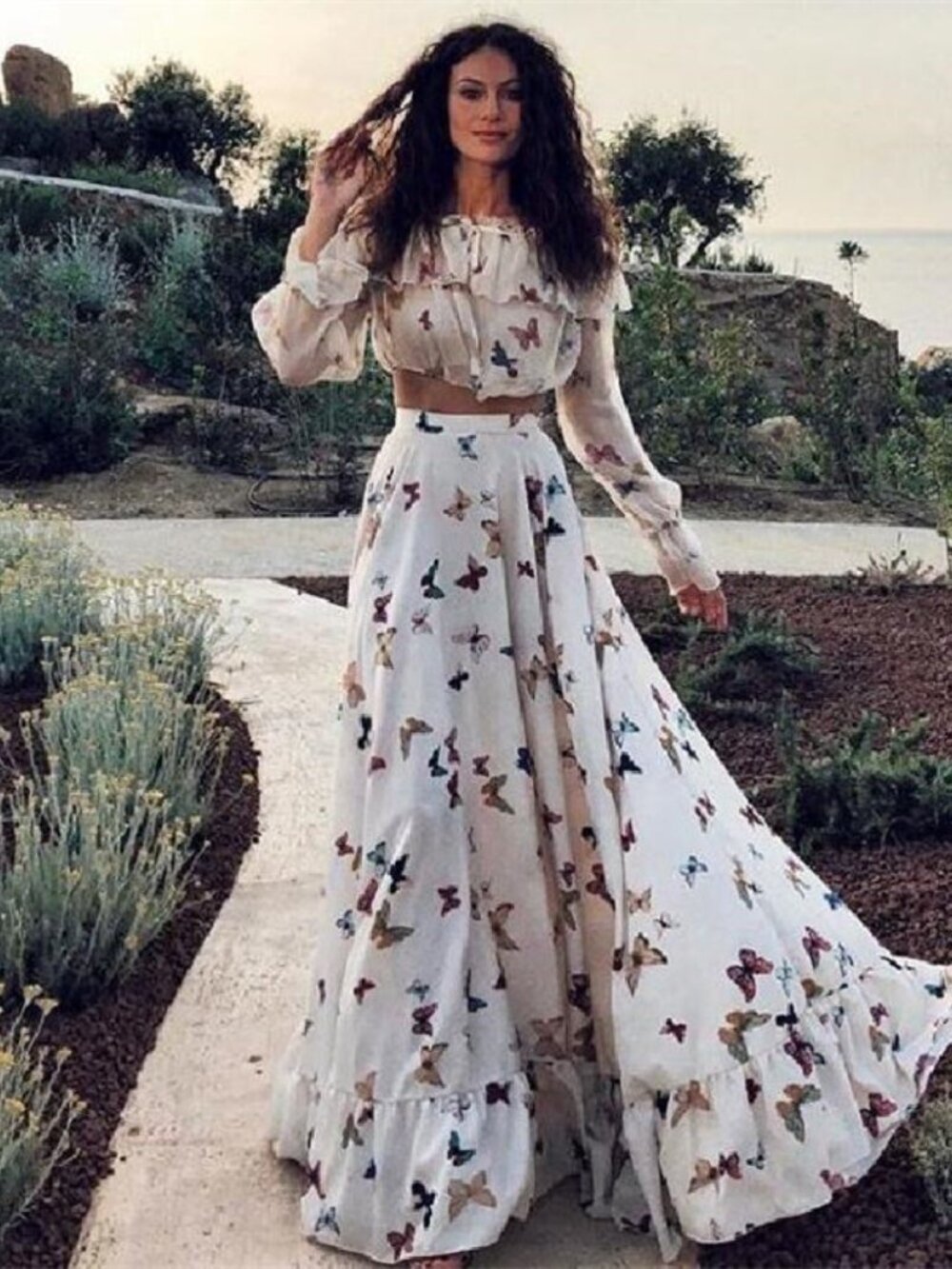 Women's Bohemian Printed Two-Piece Maxi Skirt Set – Off-Shoulder Long Sleeve